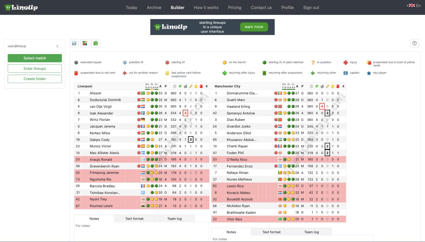 Lineup Builder working screen with two squads side by side