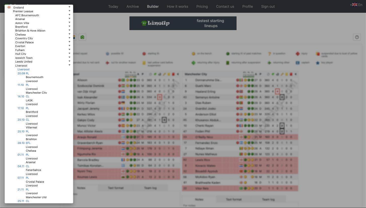 Selecting a match in Lineup Builder: country, competition, team and fixture list