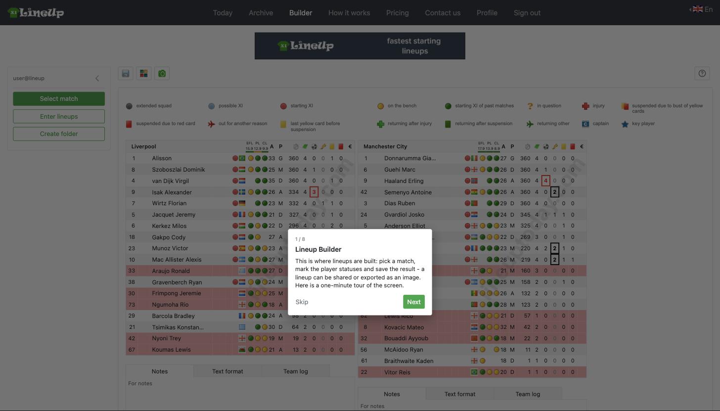 The built-in Lineup Builder tour